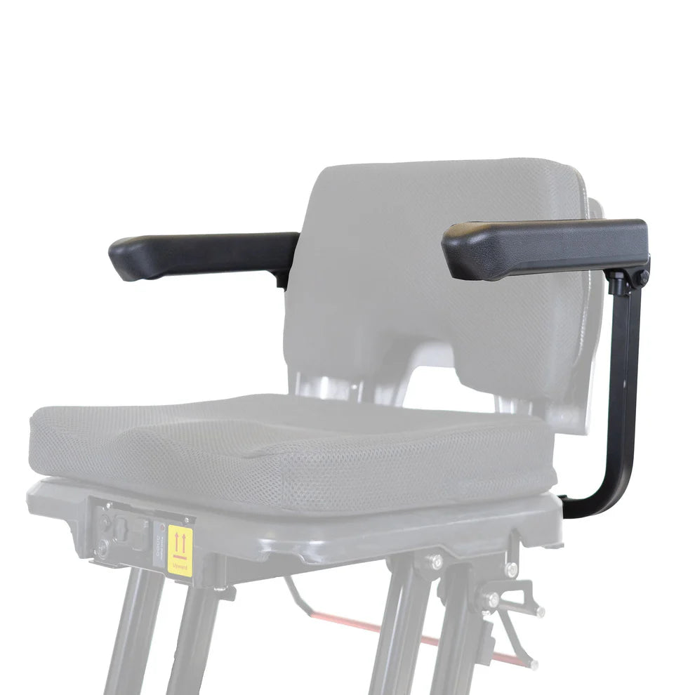 Grey mobility scooter seat featuring the black Travel Buggy Helix adjustable armrests with flip-up and width extension capabilities.